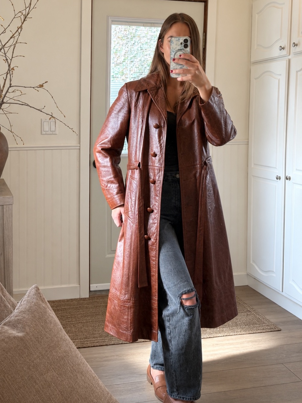 Vintage 90s Esprit Genuine Leather Brown Trench Coat